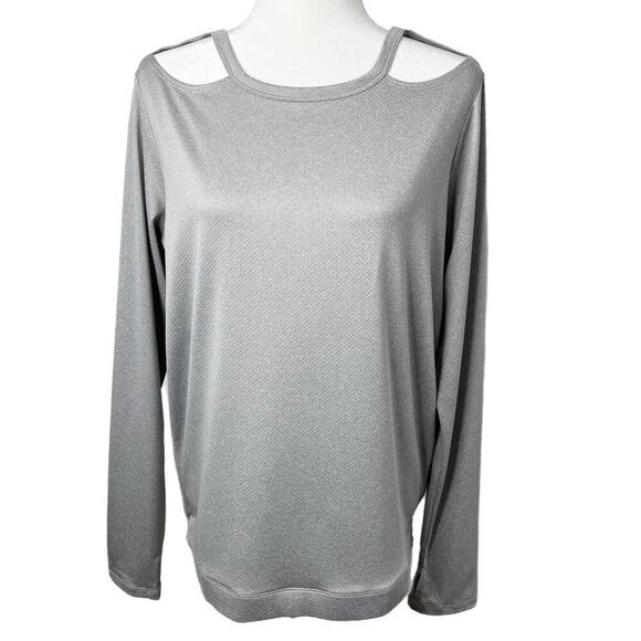 C&C California Women's Cold Shoulder Mesh Top Size L Gray Open Back Long Sleeve - Picture 1 of 10